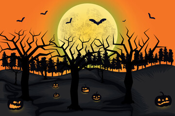 Happy Halloween Night Background. Halloween pumpkins, Graveyard, Spooky trees and Haunted House with Horror Halloween Concept Vector Illustration.