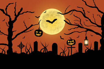 Happy Halloween Night Background. Halloween pumpkins, Graveyard, Spooky trees and Haunted House with Horror Halloween Concept Vector Illustration.