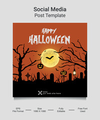 Happy Halloween Social media post template design. Pumpkin with Horror Halloween Concept. Vector illustration for greeting card, invitation, web banner advertising, poster.