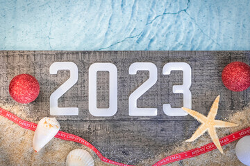 Concept de bonne année 2023 avec des coquillages et une étoile de mer au bord d'une piscine. Vacances d'hiver au soleil.