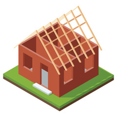 House construction Isometric stage. Visualization of modern building process. Roof installation phase. Wood construction of roof for an isometric house