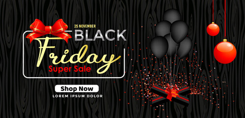 Black Friday Super Sale. Realistic 3d design stage podium. Open black gift box full of decorative, Golden text lettering, black Friday poster background, Xmas background, discount label design.