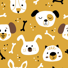 Cute dog faces on yellow background in Scandinavian style. Seamless kids pattern with pets. The print is ideal for a changing room, nursery room, wallpaper, wrapping paper, or fabric.