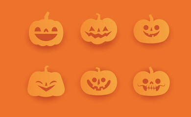 Set of Halloween carved pumpkins. Flat style, vector cute spooky design.
