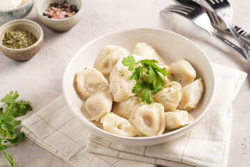 traditional ukrainian east european dish varenyky or chinese wan tan or dim sum - dumplings stuffed with minced meat, fresh cilantro, herbs in white bowl on beige colored kitchen towel