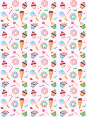 Pattern with sweets and ice cream, cupcakes. Pattern for birthday. Phone background. Sweet pattern.