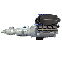 V8 Car Turbo Engine with Automatic Transmission 3D rendering on white background