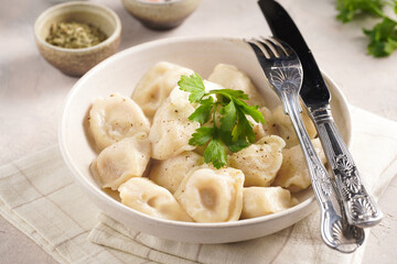 traditional ukrainian east european dish varenyky or chinese wan tan or dim sum - dumplings stuffed with minced meat, fresh cilantro, herbs in white bowl on beige colored kitchen towel