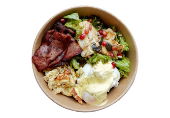 Fresh breakfast bowl with eggs and bacon and salad  isolated on transparency photo png file 