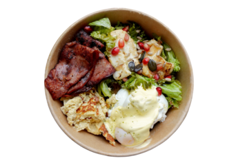 Fresh breakfast bowl with eggs and bacon and salad  isolated on transparency photo png file 