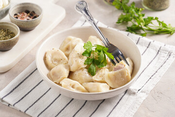 traditional ukrainian east european dish varenyky or chinese wan tan or dim sum - dumplings stuffed with minced meat, fresh cilantro, herbs in white bowl on white lined kitchen towel