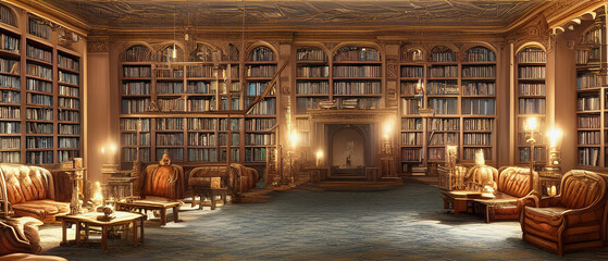 Fototapeta na wymiar Illustration of a beautiful large library with wooden shelves, old books and arm chairs