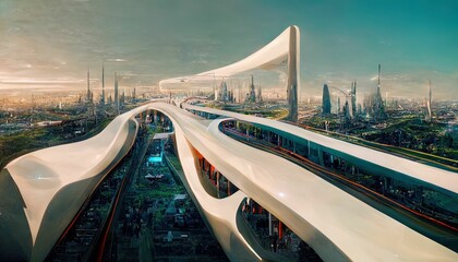 Dystopic city in the future, transportation system highway loop, 3d illustration