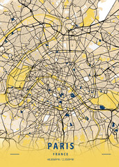 Paris city map poster print. Detailed map of Paris (France).