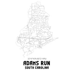 Adams Run South Carolina. US street map with black and white lines.