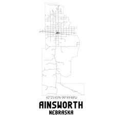 Ainsworth Nebraska. US street map with black and white lines.