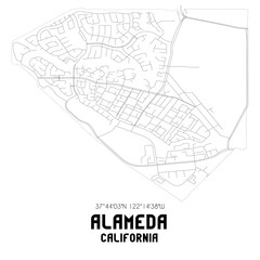 Alameda California. US street map with black and white lines.