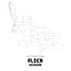 Alden Michigan. US street map with black and white lines.