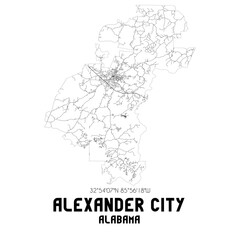 Alexander City Alabama. US street map with black and white lines.