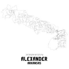 Alexander Arkansas. US street map with black and white lines.