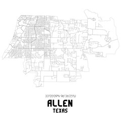 Allen Texas. US street map with black and white lines.