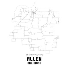 Allen Oklahoma. US street map with black and white lines.