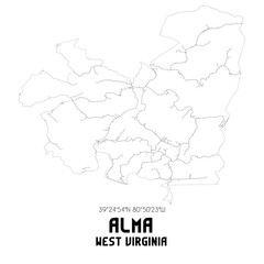 Alma West Virginia. US street map with black and white lines.