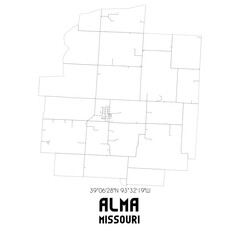 Alma Missouri. US street map with black and white lines.