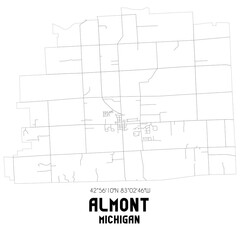 Almont Michigan. US street map with black and white lines.