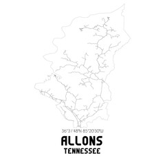 Allons Tennessee. US street map with black and white lines.
