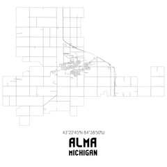 Alma Michigan. US street map with black and white lines.