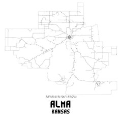 Alma Kansas. US street map with black and white lines.