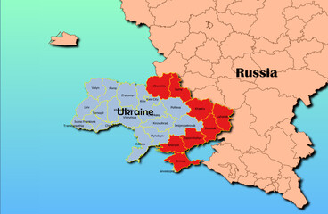 Fototapeta premium Vector map of Ukraine with regions Crimea, Donetsk, Luhansk, Chernihiv, Kharkiv, Kherson, Sumy, Zaporizhzhya and Russia map