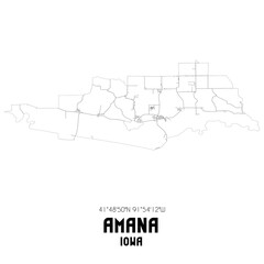 Amana Iowa. US street map with black and white lines.