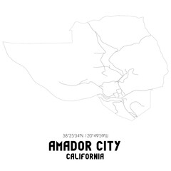 Amador City California. US street map with black and white lines.