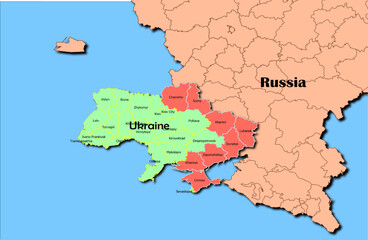 Obraz premium Vector map of Ukraine in green with regions Crimea, Donetsk, Luhansk, Chernihiv, Kharkiv, Kherson, Sumy, Zaporizhzhya and Russia map