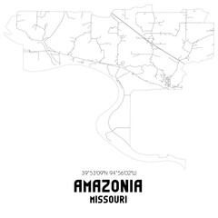 Amazonia Missouri. US street map with black and white lines.