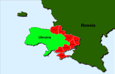 Vector map of Ukraine in green with regions Crimea, Donetsk, Luhansk, Chernihiv, Kharkiv, Kherson, Sumy, Zaporizhzhya and Russia map