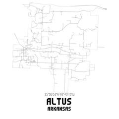 Altus Arkansas. US street map with black and white lines.
