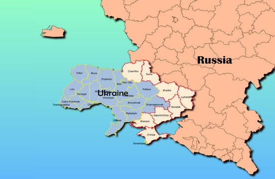 Vector map of Ukraine light blue with regions Crimea, Donetsk, Luhansk, Chernihiv, Kharkiv, Kherson, Sumy, Zaporizhzhya and Russia map