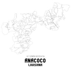 Anacoco Louisiana. US street map with black and white lines.