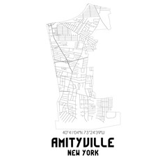 Fototapeta na wymiar Amityville New York. US street map with black and white lines.