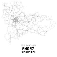 Amory Mississippi. US street map with black and white lines.