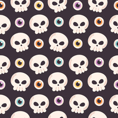 Vector seamless pattern for Halloween. Skulls and eyes. Flat, hand drawn texture for wallpaper, textile, fabric, paper. Hand drawn vector illustration