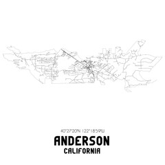 Anderson California. US street map with black and white lines.