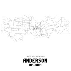 Anderson Missouri. US street map with black and white lines.