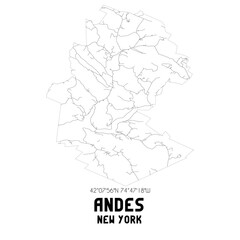 Andes New York. US street map with black and white lines.