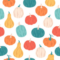 Pumpkins seamless pattern. Hello autumn, autumn harvest, farming. Flat, hand drawn texture for wallpaper, textile, fabric, paper. Hand drawn vector illustration