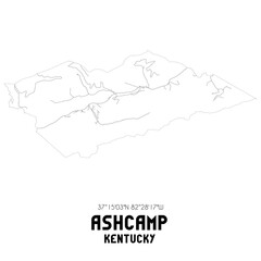 Ashcamp Kentucky. US street map with black and white lines.
