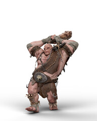 3D rendering of an ogre in battle armour and holding a club over his head ready to smash his enemy isolated on transparent background.